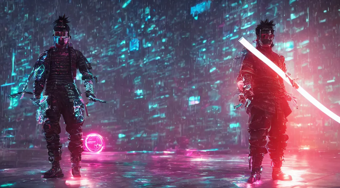 Image similar to cyberpunk samurai, wearing fluorescent clothing, glowing katana, rain, octane render, unreal engine
