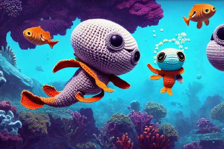 Image similar to an expedition of crochet scuba divers discovering a new animal underwater. cute, illustration, digital art, inspired by little big planet, by greg rutkowski, sharp, masterpiece, highly detailed, photorealistic, octane render, 8 k, unreal engine 5, trending on artstation, vivid colors