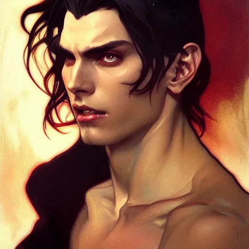 Image similar to attractive twenty first century male vampires beautiful eyes. highly detailed painting by artgerm and greg rutkowski and alphonse mucha 8 k