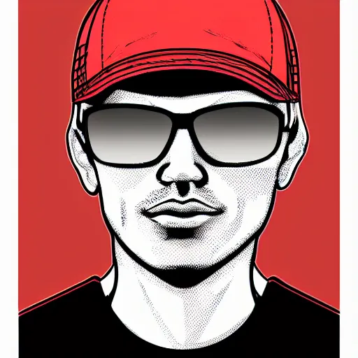 Prompt: the portrait of a young man, sunglasses, red backwards cap, mid long hair, vector art, detailed face, high detail, high definiton, ultra realistic,