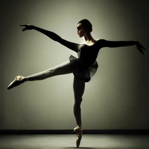 Image similar to cinematic dark photograph of a woman's head and shoulders, ballet pose, with retro futuristic cyborg elements photographed by bill henson