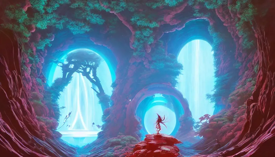 Image similar to a sakura portal appears out of nowhere in waimea canyon, inside the portal is a gateway to an alien world, otherworldly visuals, visually stunning, divine, scifi, by james jean, ruan jia, ilya kuvshinov, martine johanna, peter mohrbacher