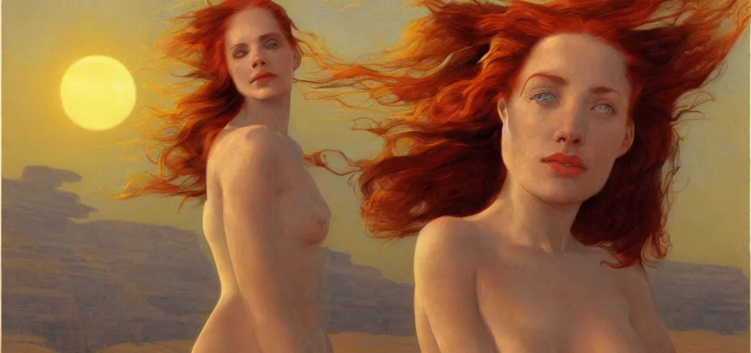 Prompt: portrait of a woman with long red hair, blazing sun, in a huge desert, sci - fi by emile friant and moebius