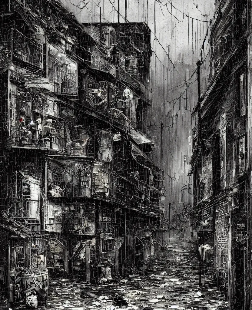 Prompt: the grime and grit of a dark city and its alleyways, a small scene happening in the sonder and somber of life