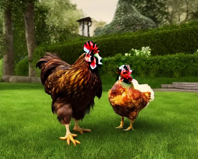 Image similar to ( ( ( peter dinklage riding a chicken ) ) ) ( ( in a green english britanic garden ) ) ( photorealistic, photography, picture, provided by unreal engine, realistic, realism )