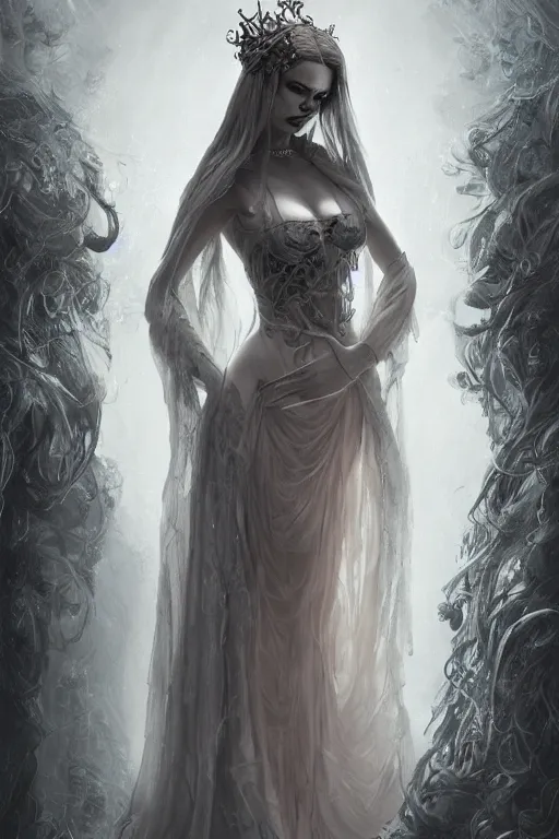 Image similar to ultra realist and ultra intricate detailed character concept art of a beautiful slim but curvy muerte girl in a long dress, thin lustrous hair, symmetry features, sensual gloomy style, soft painting, volumetric light and fog, fantasy background, artstation, Tom Bagshaw artstyle, unreal render