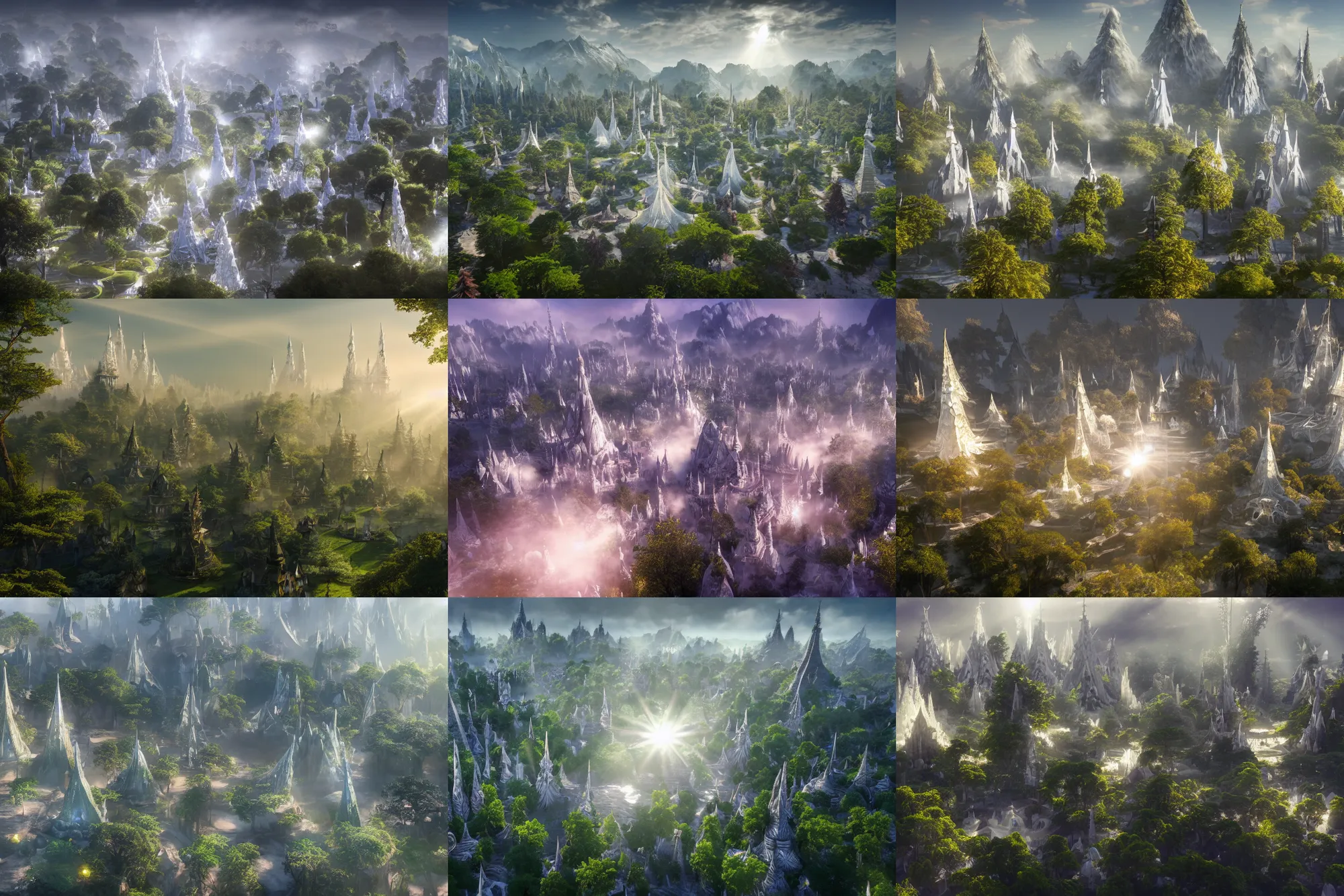 Prompt: wide-angle from above high-res rendering of the an elven tree city with white fantasy pagodas built atop the giant tree branches, intricate, elegant, sunrays, trending on Artstation, stunning volumetric lighting, Unreal Engine, 8K