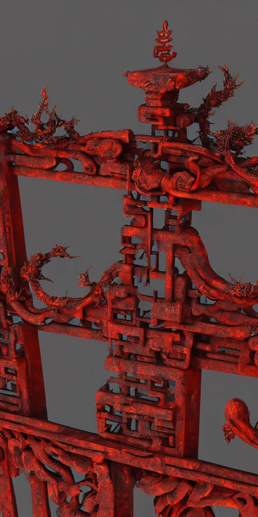 Image similar to 3 d render of a carved rusty torii gate sculpture, chrometype, made of liquid metal, neotribal with thorns and thunders, cyberpunk deconstructed japanese temple, raytraced, volumetric lightning, 8 k, by zhelong xu, ouchh and and innate studio