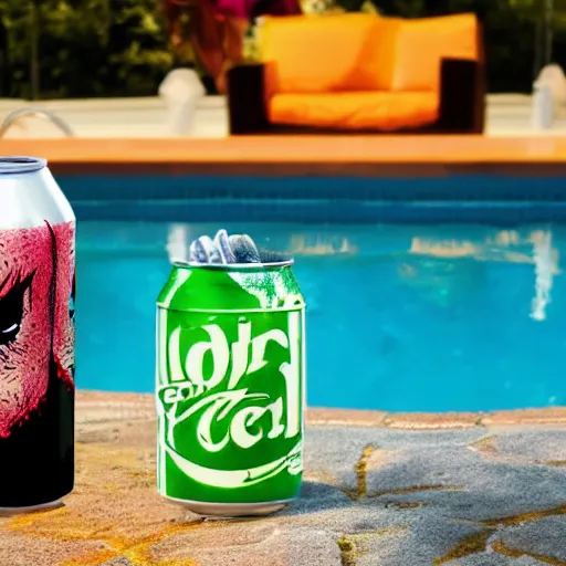 Prompt: undead lich holding a soda can by a pool, summertime, advertisement for energy drink, chlorine, energy drink commercial, detailed, hyperrealistic