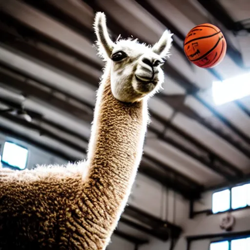 Image similar to film still of a llama in a jersey dunking a basketball like michael jordan, low angle, show from below, tilted frame, 3 5 °, dutch angle, extreme long shot, high detail, indoors, dramatic backlighting