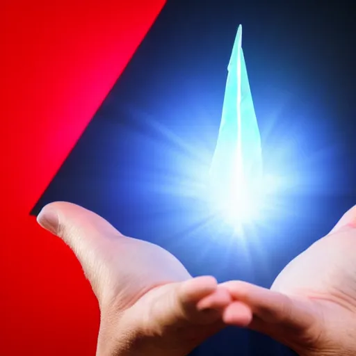 Image similar to an open hand facing up, a glowing shard of kryptonite is floating above the palm of the hand, pitch dark room