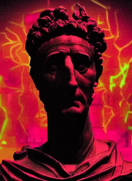 Image similar to black background with subtle red and purple design elements, statue of julius caesar, nekro, movie poster, thin lines, dark, glitch art, neo vaporwave, gritty, layout frame, trending on artstation