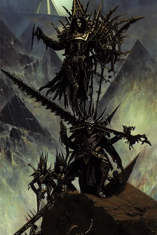 Image similar to nagash atop his black pyramid, onyx, evil, grim dark, warhammer, evil aura, portrait dnd, painting by gaston bussiere, craig mullins, greg rutkowski, yoji shinkawa