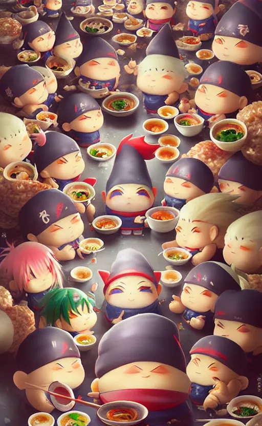 Image similar to kawaii anime gnomes asian noodles japanese ramen, wide angle shot by greg rutkowski