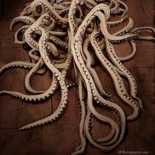 Image similar to tentacles made of brown corrugated cardboard, cut out of cardboard, realistic photography, fantasy