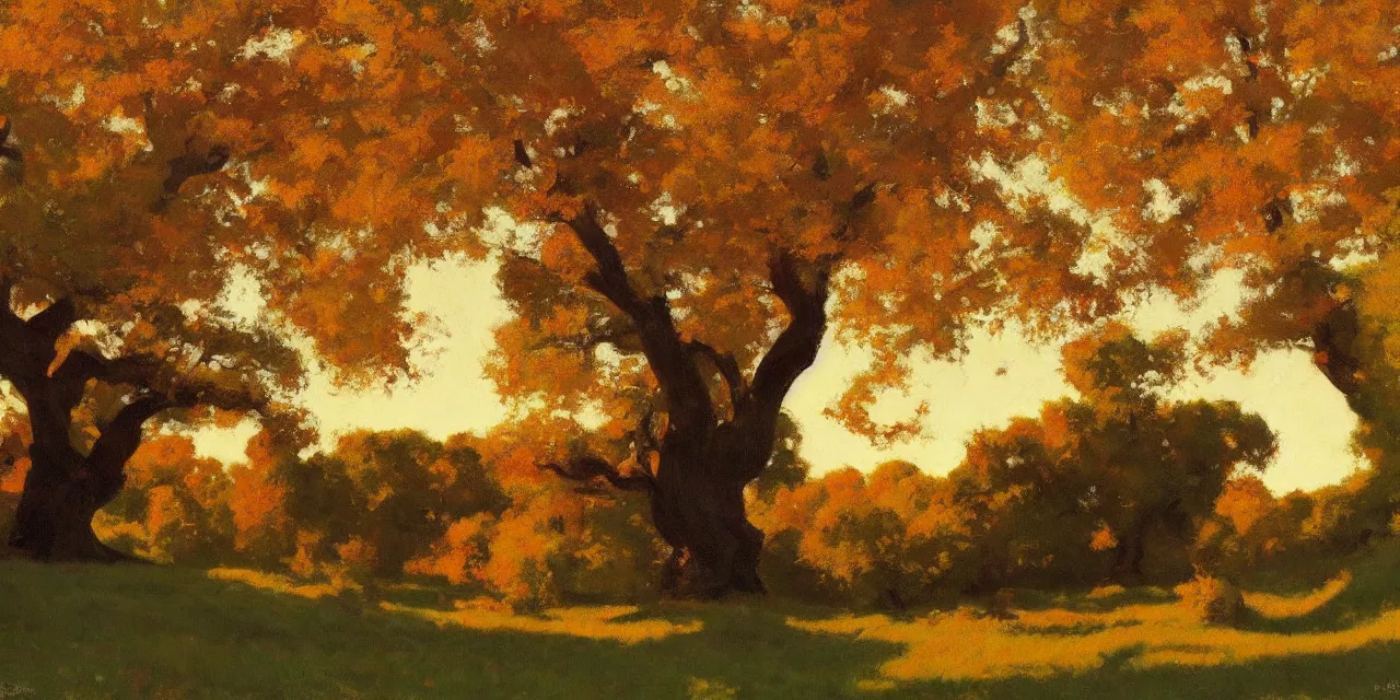 Image similar to a beautiful, stunning landscape with giant oak trees in the fall during sunset by craig mullins, by edward hopper
