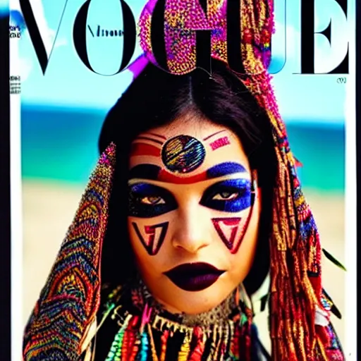 Prompt: a beautiful professional photograph by hamir sardar, herb ritts and ellen von unwerh for the cover of vogue magazine of a beautiful and unusually attractive native yanomami female fashion model with a face tattoo looking at the camera in a flirtatious way, leica 5 0 mm f 1. 8 lens