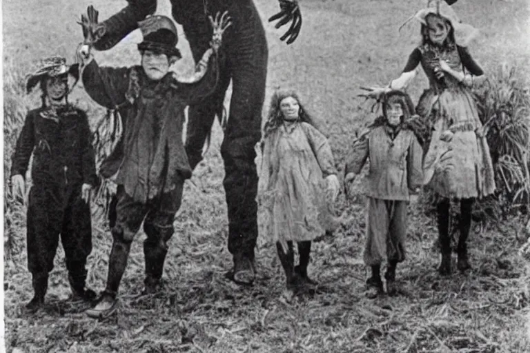 Image similar to disturbing scarecrow from the early 1 9 0 0's leading children into the burning cornfields