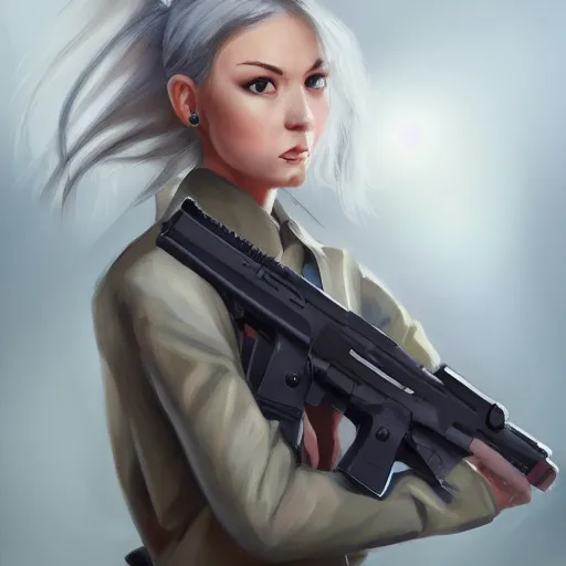 Image similar to a girl wearing a business, she has grey hair and is holding a gun, digital painting, smooth, hd, realist, artstation, deviantart, art by tran ross and