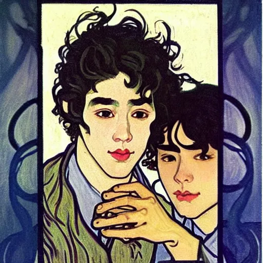 Image similar to painting of young cute handsome beautiful dark medium wavy hair man in his 2 0 s named shadow taehyung and cute handsome beautiful min - jun together at the halloween party, bubbling cauldron, candles, smoke, tarot, autumn colors, elegant, stylized, soft facial features, delicate facial features, art by alphonse mucha, vincent van gogh, egon schiele