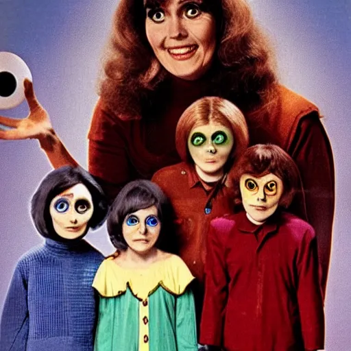 Image similar to middle-age woman enters an eyeball cult, 1977 live-action children's tv show, color