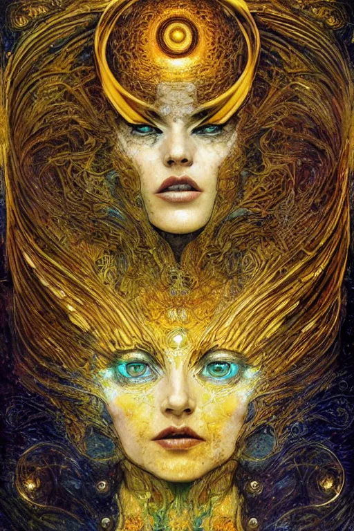 Image similar to Intermittent Chance of Chaos Muse by Karol Bak, Jean Deville, Gustav Klimt, and Vincent Van Gogh, enigma, fate, otherworldly, fractal structures, arcane, prophecy, ornate gilded medieval icon, third eye, spirals