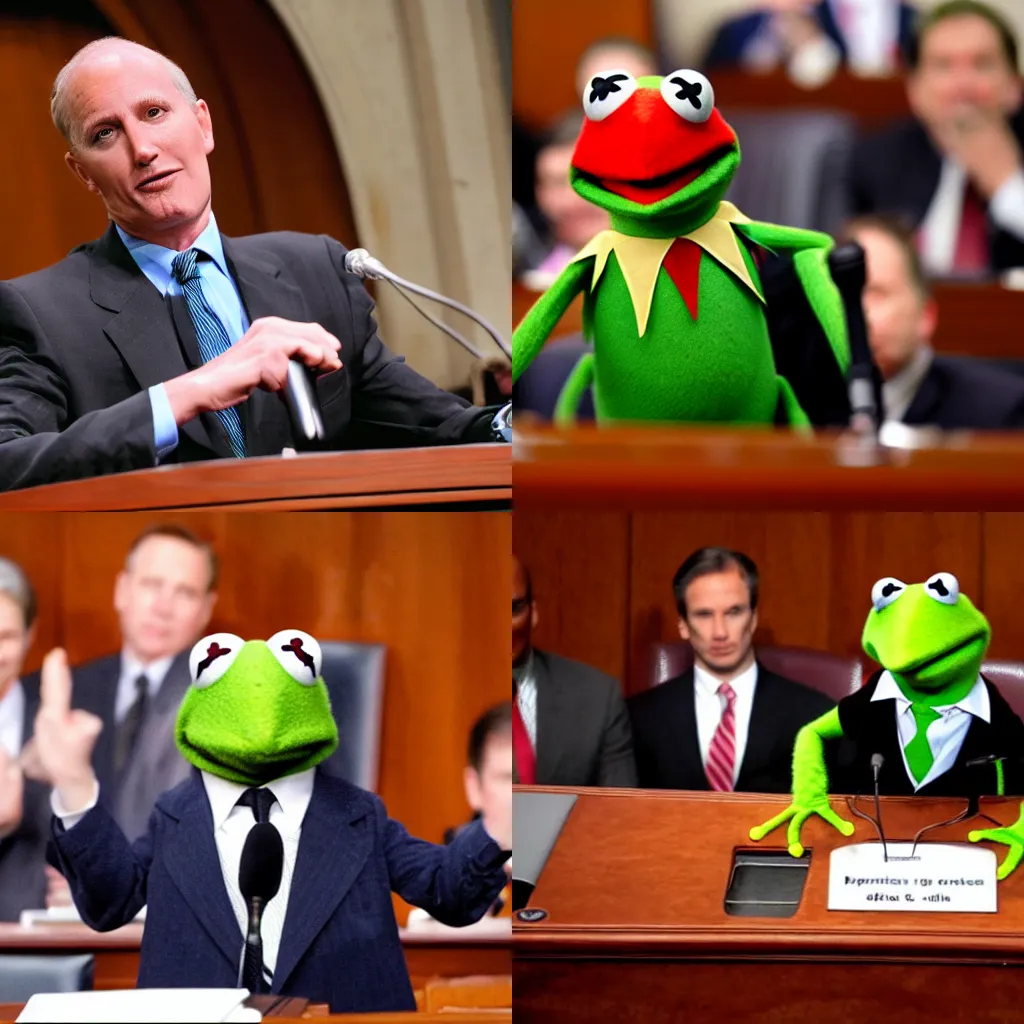 Prompt: Kermit the Frog wearing a suit, sitting in front of a microphone, lying to congress.