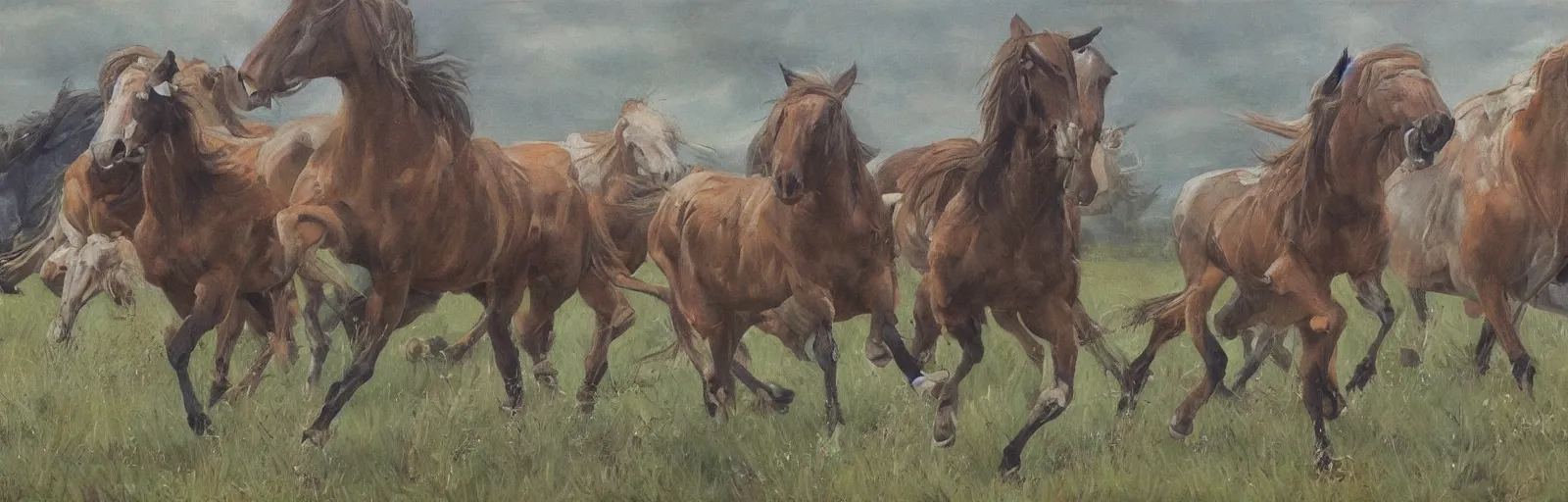 Prompt: lots of horses running through the field, hyper realistic, more details, they might be crawling, original oil on canvas painting by sydney mount