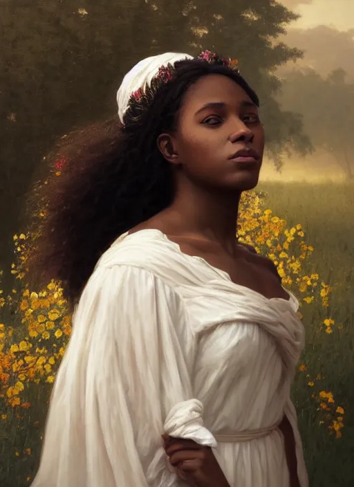 Image similar to oil painting close up portrait of a contemplative young black woman with long dark flowing hair in a white dress, wearing a crown of wildflowers!! at sunset, hazy, digital art, chiaroscuro, artstation, cinematic, golden hour, digital art painting by greg rutkowski, william - adolphe bouguereau, hazy atmosphere, cinematic lighting