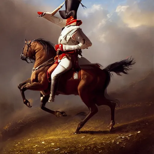 Image similar to napoleon on his horse while holding his gun and shooting by greg rutkowski