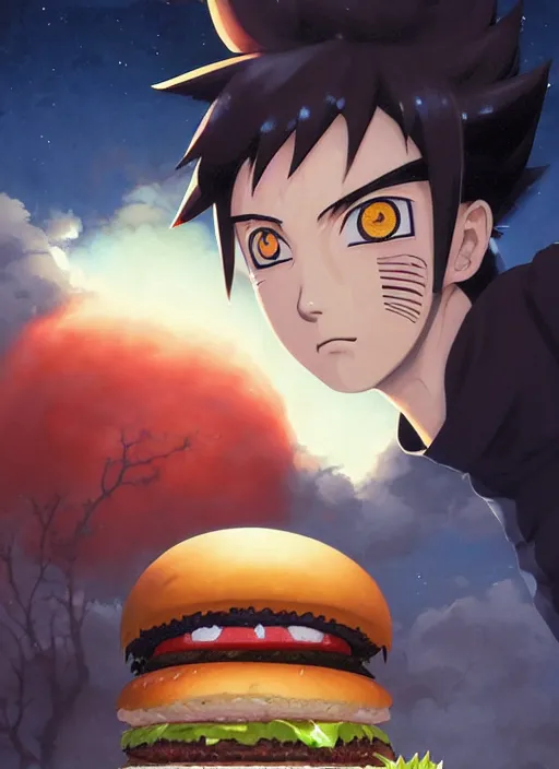 Image similar to highly detailed hamburger consuming naruto uzumaki with black hair, art by greg rutkowski, loish, rhads, ferdinand knab, makoto shinkai and lois van baarle, ilya kuvshinov, rossdraws, tom bagshaw, global illumination, radiant light, detailed and intricate environment