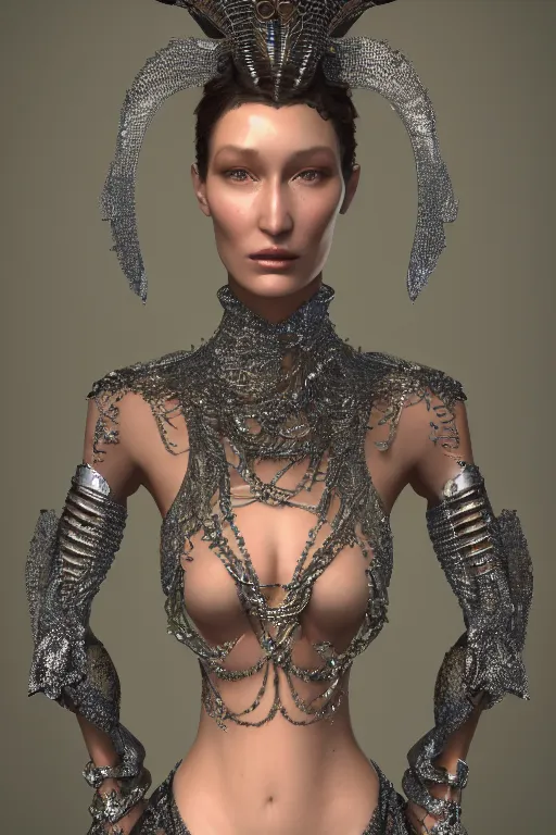 Image similar to a highly detailed 4 k portrait render of an alien goddess bella hadid in iris van herpen dress schiaparelli armor in diamonds and lots of jewelry in style of alphonse mucha trending on artstation made in unreal engine 4