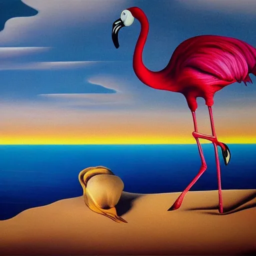 Prompt: A surreal oil painting of a puzzle containing a beautiful woman and Flamingos on a desert beach by Salvador Dali, dark vibes, high contrast, cinematic, depth of field