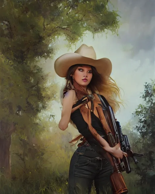 Image similar to a highly detailed oil painting of A cowgirls, in professional makeup, with medium length hair covering an eye, and a tall tree, and large gun, portrait, cinematic lighting, dramatic atmosphere, by Dustin Nguyen, Akihiko Yoshida, Greg Tocchini, Greg Rutkowski, Cliff Chiang, 4k resolution, trending on artstation