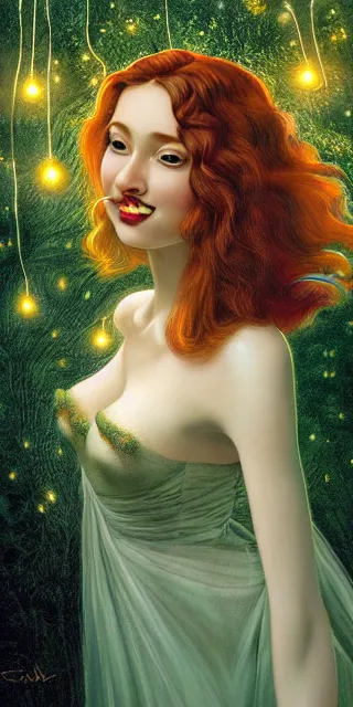 Prompt: serene young woman cheeky smile, surrounded by golden firefly lights, amidst nature fully covered by a intricate detailed dress, long red hair, precise linework, accurate green eyes, small nose with freckles, smooth oval shape face, empathic, expressive emotions, nocturnal spiritual scene, hyper realistic ultrafine art by artemisia gentileschi, jessica rossier, boris vallejo