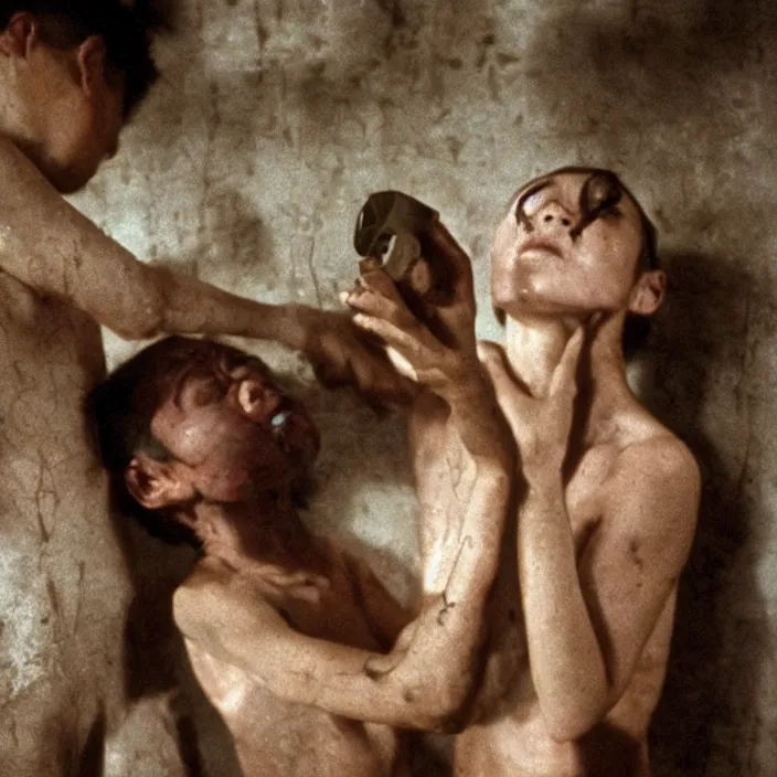 Image similar to a sensual scene from a feature film by won kar - wai, alejandro jodorowsky and roger ballen : : exquisite lighting setup : : anamorphic lens, kodakchrome : : 8 k