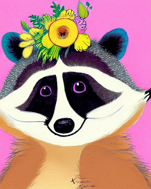 Prompt: a watecolor painting of a smiling happy cute raccoon wearing a flower crown, by antoine de saint - exupery and annabel kidston and naomi okubo and jean - baptiste monge. a child storybook illustration, muted colors, soft colors, low saturation, fine lines, white paper