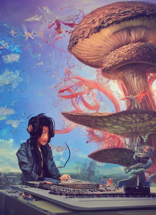 Image similar to surreal gouache painting, by yoshitaka amano, by ruan jia, by Conrad roset, by good smile company, detailed anime 3d render of a wild mushroom Surrounded by magical Dragonflies and a big DJ Mixer, deck, portrait, cgsociety, artstation, rococo mechanical and Digital and electronic, dieselpunk atmosphere