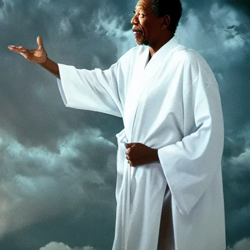 Prompt: Morgan Freeman wearing white robes in heaven, god rays