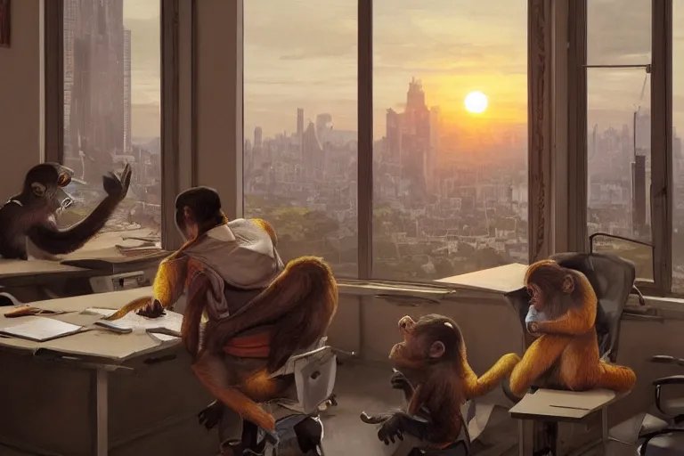 Prompt: monkey employees setting on glorious meeting room, papers and bananas scattered on the table, sunset, buildings and skyline showing from windows, fine art, artstation, matte painting, masterpiece by vasnetsov