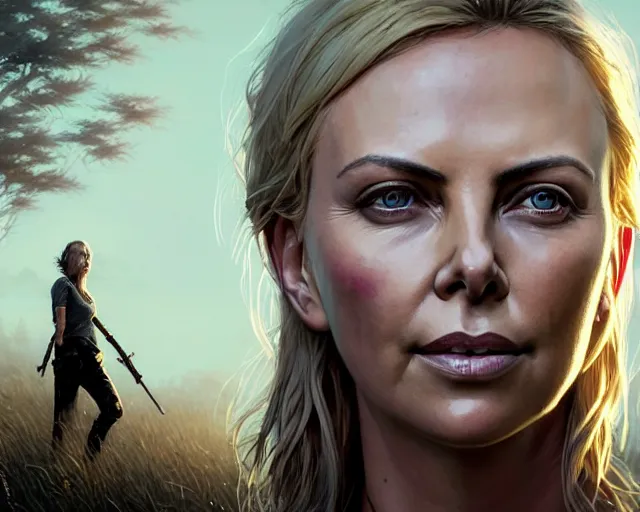 Image similar to highly detailed portrait of charlize theron, in the walking dead, stephen bliss, unreal engine, fantasy art by greg rutkowski, loish, rhads, ferdinand knab, makoto shinkai and lois van baarle, ilya kuvshinov, rossdraws, tom bagshaw, global illumination, radiant light, detailed and intricate environment