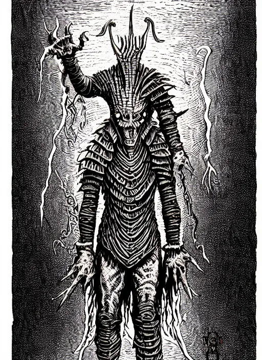 Prompt: pinhead as a d & d monster, full body, pen - and - ink illustration, etching, by russ nicholson, david a trampier, larry elmore, 1 9 8 1, hq scan, intricate details, monster manula, fiend folio