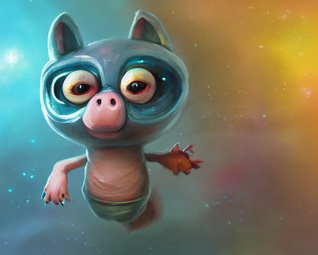 Image similar to 3D Fantasy Cute and adorable small alien piggy in space, huge adorable eyes, bright stars, Smooth 3D Illustration, soft render, Servando Lupini, Daniil Kudriavtsev, handpaint texture, Blender, 3DCoat