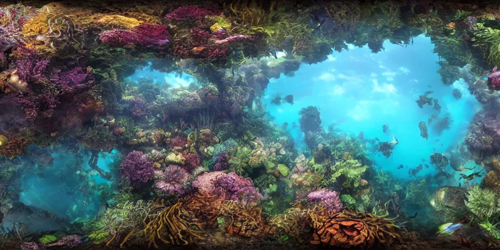 Prompt: 3 6 0 panorama hdr environment map of a underwater world fantasy photograph very high detail focus octane render