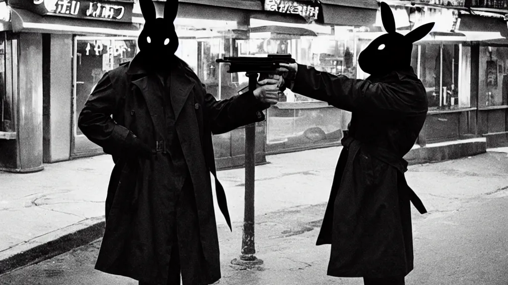 Prompt: a man in a trench coat wearing a black rabbit mask in front of a diner shooting an uzi, film still from the an anime directed by Katsuhiro Otomo with art direction by Salvador Dalí, wide lens