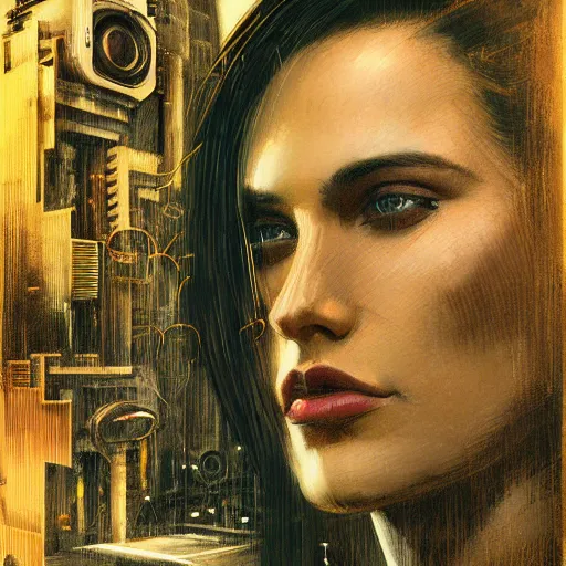 Image similar to detailed face of a woman, clockwork, moment, tectonic sky, skydome, bullet train, turbines, utopian, tech noir, wet reflections, prism, atmospheric, ambient, pj crook, syd mead, livia prima, greg rutkowski, nick alm, casey baugh