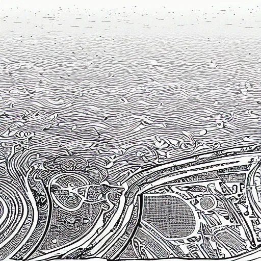 Image similar to open sea by Moebius, black and white, fine lines, hyper detailed
