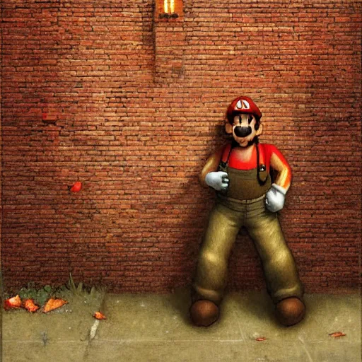 Prompt: man super mario, hiding behind a brick wall, dark mood, highly detailed, digital painting, artstation, illustration, art by artgerm and greg rutkowski and alphonse mucha