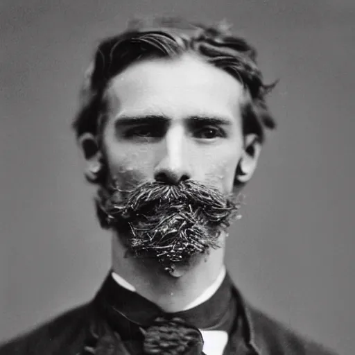 Image similar to A photograph portrait of Jerma985 with crazy hair and a pyramidal mustache in the late 1800s, taken in the late 1800s, 1870s, grainy, taken on a Field View Camera, realistic, hyperrealistic, very realistic, highly detailed, very detailed, extremely detailed, detailed, digital art, trending on artstation