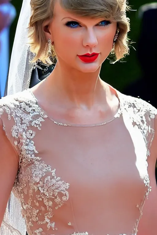 Prompt: medium - shot!!!!!!!!!!!! of taylor swift in a beautiful wedding dress, focus on face and facial details